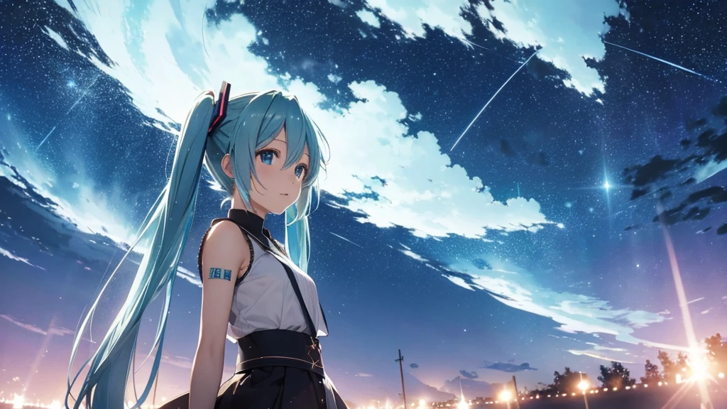 Under the midnight starry sky、Hatsune Miku celebrates old friendships and new beginnings。There's a warm light all around her、With a champagne glass in hand、Looking at the New Year's fireworks with a hopeful look on his face。In the background, a scene of soft colors spreads out, evoking the feeling of time passing slowly.。