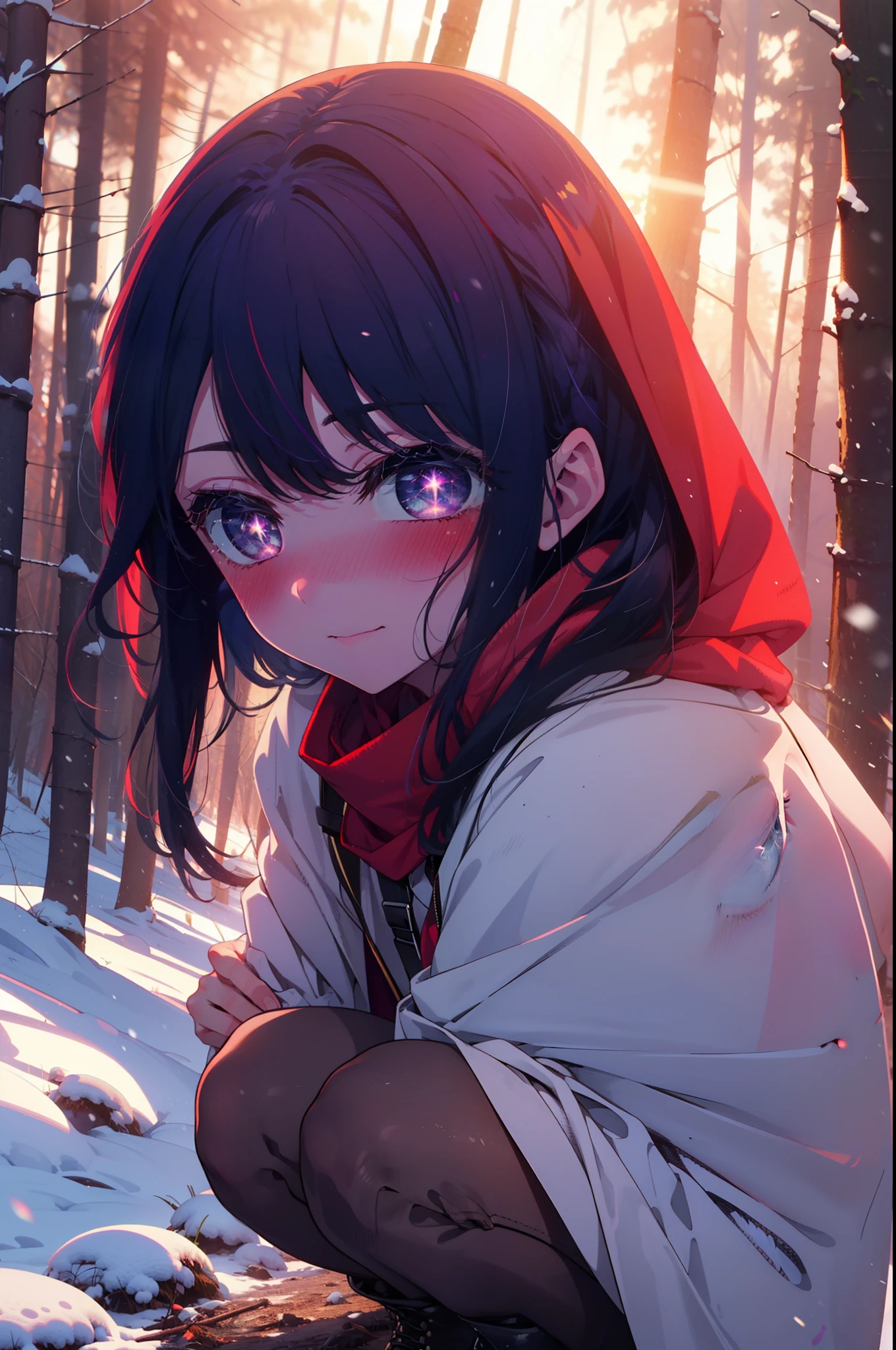 aihoshino, Ai Hoshino, Long Hair, bangs, (Purple eyes:1.1), Purple Hair, (Symbol-shaped pupil:1.5), smile,,smile,blush,White Breath,
Open your mouth,snow,Ground bonfire, Outdoor, boots, snowing, From the side, wood, suitcase, Cape, Blurred, , forest, White handbag, nature,  Squat, Mouth closed, Cape, winter, Written boundary depth, Black shoes, red Cape break looking at viewer, Upper Body, whole body, break Outdoor, forest, nature, break (masterpiece:1.2), Highest quality, High resolution, unity 8k wallpaper, (shape:0.8), (Beautiful and beautiful eyes:1.6), Highly detailed face, Perfect lighting, Highly detailed CG, (Perfect hands, Perfect Anatomy),