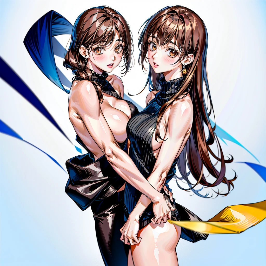 masterpiece, Highest quality, whole body, One girl, bangs,Brown Hair、From the waist up、Brown sleeveless sweater、Wearing a black jacket、20-year-old woman、Long Hair、bangsはなし、(Naked sweater,Tight virgin killer sweater)