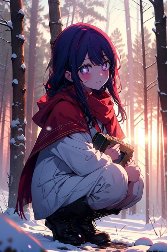 aihoshino, Ai Hoshino, Long Hair, bangs, (Purple eyes:1.1), Purple Hair, (Symbol-shaped pupil:1.5), smile,,smile,blush,White Breath,
Open your mouth,snow,Ground bonfire, Outdoor, boots, snowing, From the side, wood, suitcase, Cape, Blurred, , forest, White handbag, nature, Squat, Mouth closed, Cape, winter, Written boundary depth, Black shoes, red Cape break looking at viewer, Upper Body, whole body, break Outdoor, forest, nature, break (masterpiece:1.2), Highest quality, High resolution, unity 8k wallpaper, (shape:0.8), (Beautiful and beautiful eyes:1.6), Highly detailed face, Perfect lighting, Highly detailed CG, (Perfect hands, Perfect Anatomy),