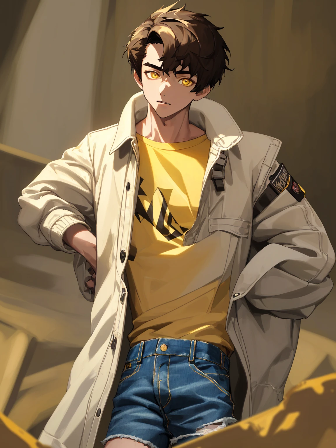 1boy, wolfcut brown hair, yellow eyes, wearing plain white t-shirt, cream bomber jacket, denim shorts, photo studio, absurdres, highres, ultrasharp, 8k, masterpiece, looking front at camera,
