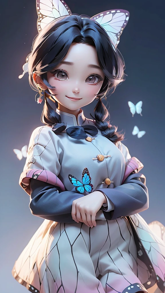 A school uniform with a butterfly-like haori、A truly beautiful smile、Realistic、Hair is a night 、Hair is upstyle、Blue butterfly hair ornament、syringe