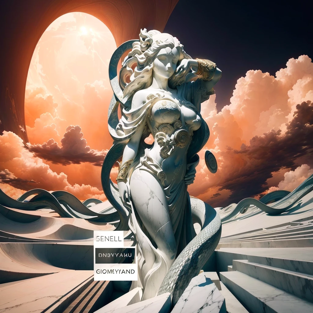 A captivating digital collage that blends surrealism and symbolism. The central focus is a classical marble statue, with its eyes covered by a cascade of money, symbolizing the obscured vision of materialism. A sinuous snake coils around the statue's head, adding an air of mystery and danger. The background showcases a massive, radiant sun that bathes the scene in a warm, golden light, and swirling, abstract clouds that evoke a sense of movement. Interspersed throughout the composition are geometric shapes and abstract elements, floating freely and adding depth to the overall design. Beneath the statue, the text "Tumbal Kekayaan" and "Frengky yAHYA" is displayed, inviting the viewer to contemplate the deeper meaning behind the artwork.