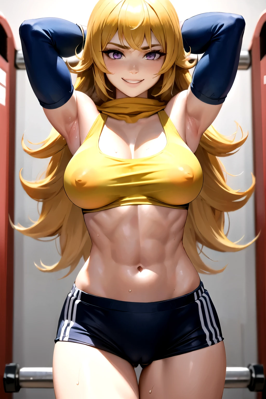 Yang xiao long, long blonde hair, purple eyes, large breasts, slim body, thin legs, detailed nipples, 8k,Best Quality,masterpiece,Extremely detailed,realistic,1girl,japanese woman,(big breasts:1.2),cleavage,[[cameltoe]],toned and glamorous body,(yellow micro Tank tops:1.3), midriff,  underboob, smirk,(Sweat on breasts),(fitness:1.3),looking at viewer,cowboy shot,((gym:1.2)), micro tiny short shorts,