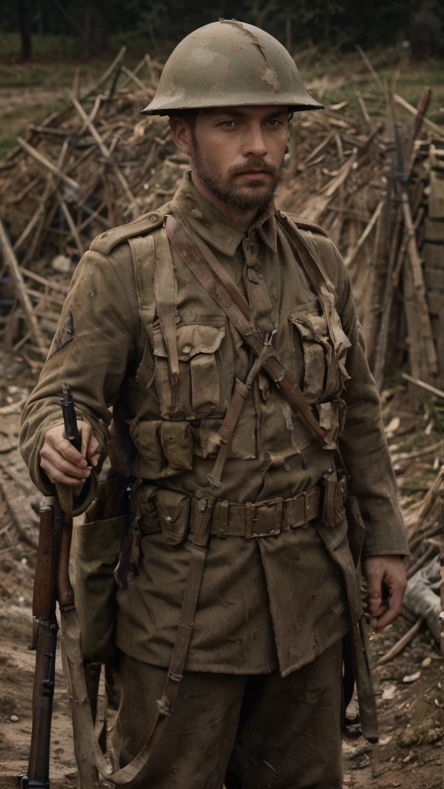 (masterpiece), best quality, expressive eyes, perfect face, All quiet on western Front, man, trenches, dirty, uniform, realistic, HD, Rifle, mas-36, battle, fighting, world war 1, bearded, mature