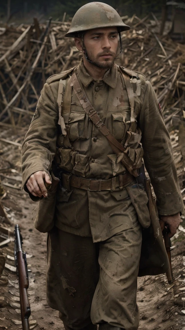 (masterpiece), best quality, expressive eyes, perfect face, All quiet on western Front, man, trenches, dirty, uniform, realistic, HD, Rifle, mas-36, battle, fighting, world war 1, bearded, mature