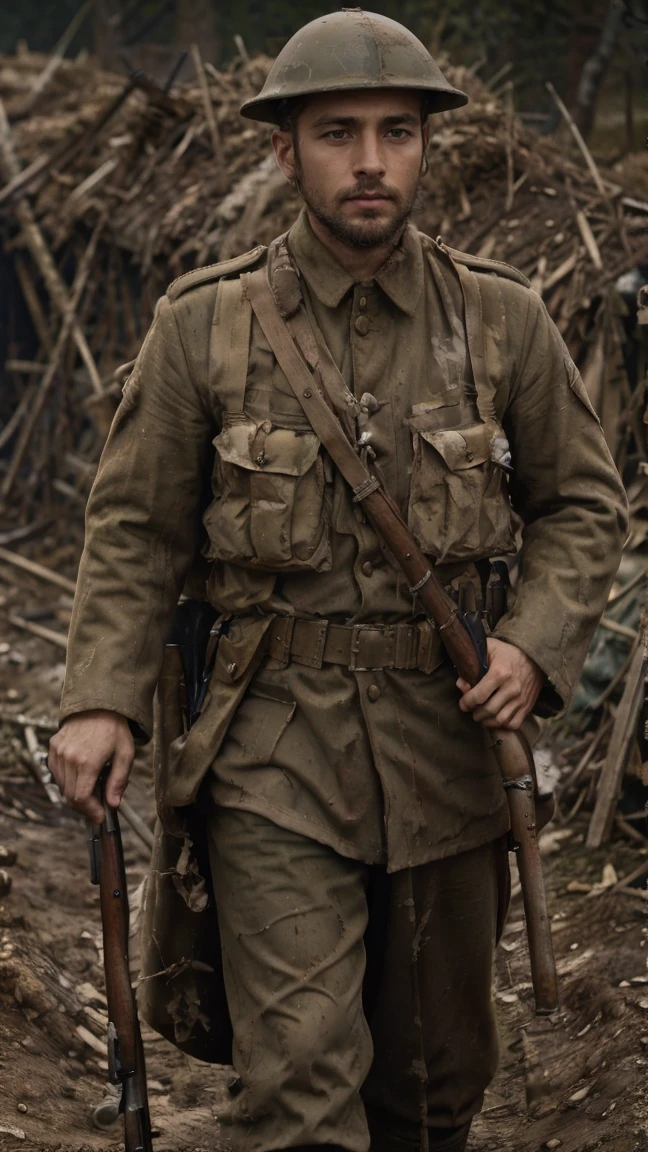 (masterpiece), best quality, expressive eyes, perfect face, All quiet on western Front, man, trenches, dirty, uniform, realistic, HD, Rifle, mas-36, battle, fighting, world war 1, bearded, mature