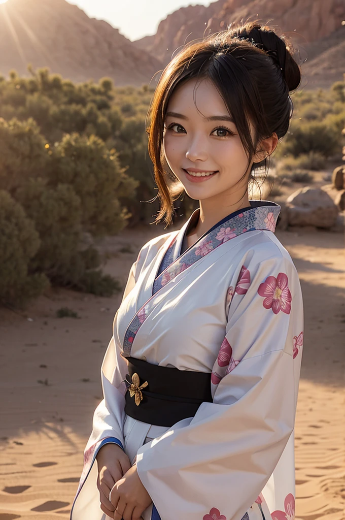 A beautiful smiling woman in a kimono in the sunlit desert