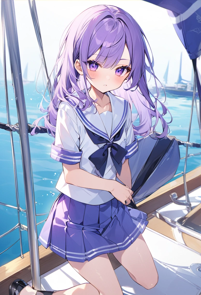 Keito。Purple Eyes。Purple Hair。Sailor suit。Boat。