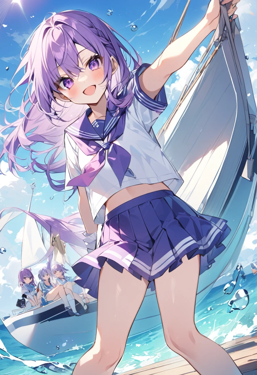 Keito。Purple sailor suit。barefoot。six sisters。They both have lavender hair。all female。Sextuplets。On the boat