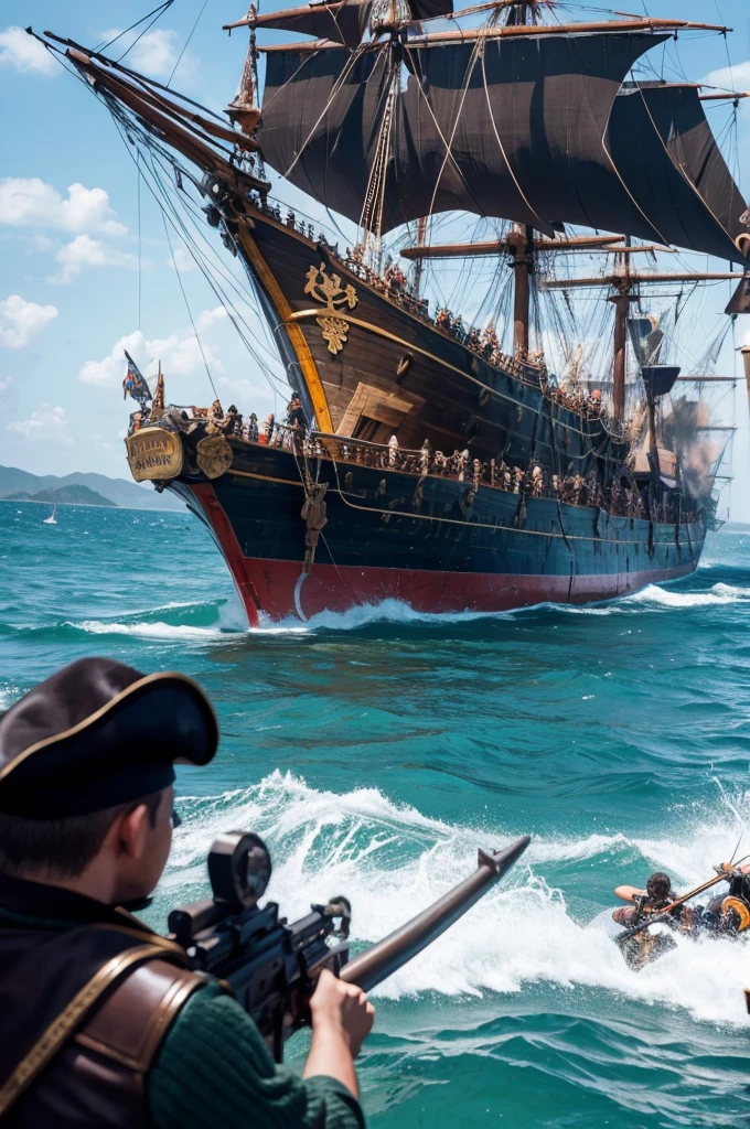 Brave warriors battling pirates on the ship