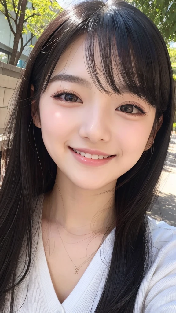 20-year-old woman、Big dark eyes with long eyelashes、Small nose and mouth、Plump Cheeks、Black Hair、Smiling、Japanese、Boyfriend's perspective、Tsundere、strong