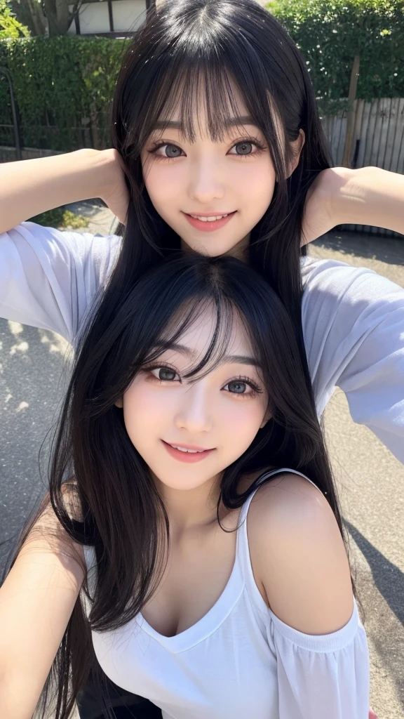 20-year-old woman、Big dark eyes with long eyelashes、Small nose and mouth、Plump Cheeks、Black Hair、Smiling、Japanese、Boyfriend's perspective、Tsundere、strong