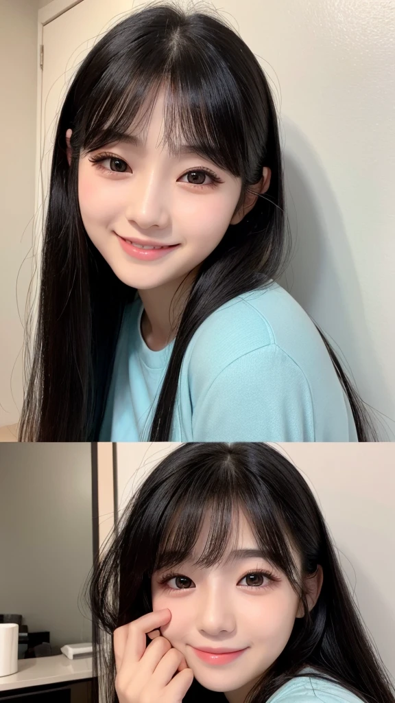 20-year-old woman、Big dark eyes with long eyelashes、Small nose and mouth、Plump Cheeks、Black Hair、Smiling、Japanese、Boyfriend&#39;s perspective、Tsundere、strong