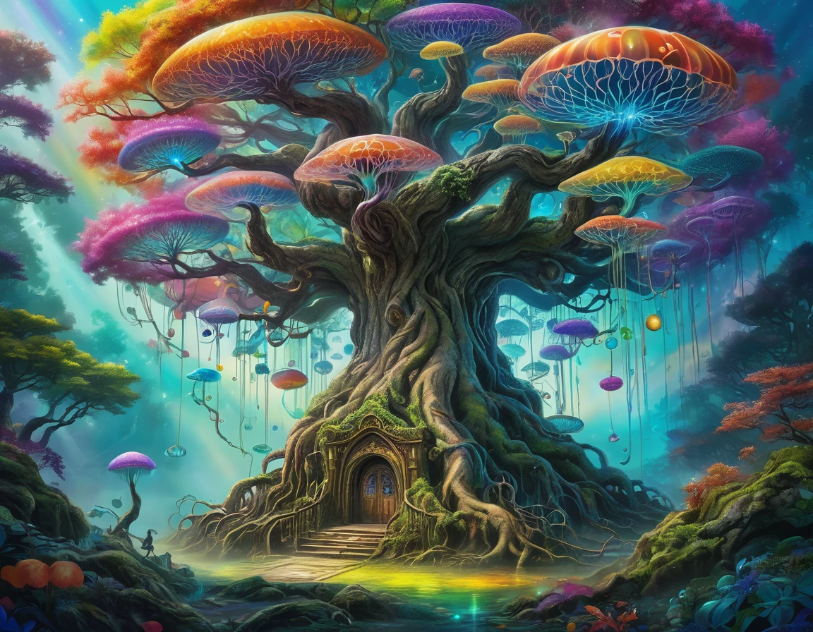 色彩鲜艳的tree of Life，There are jellyfish and medusa on it，宇宙tree of Life，Magic Tree，tree of Life，Cosmic Tree，Hyper-realistic art with great detail，tree of Life，tree of Life的疑惑之种，Colorful supernatural tree，Magic Tree，Psychedelic Forest，Exquisite rainbow environment，Psychedelic paintings，Fantasy and psychedelic，大型Magic Tree。