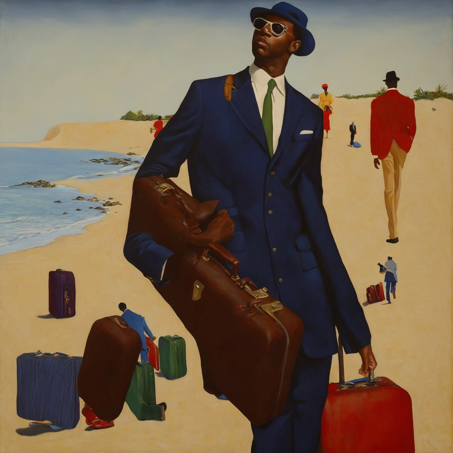 Oil painting of man with suitcase and suitcase on the beach, inspired author:Barkley Hendricks, The album cover, tyler, from Kahinde Wiley, author:Barkley Hendricks, Robert Barague (Robert Ballagh) of inspiration, tyler·米切尔风格, Kahinde Wiley, Inspired by Kadir Nelson, Inspired by Archibald Motley (Archibald Motley), official art works, Kenton Nelson