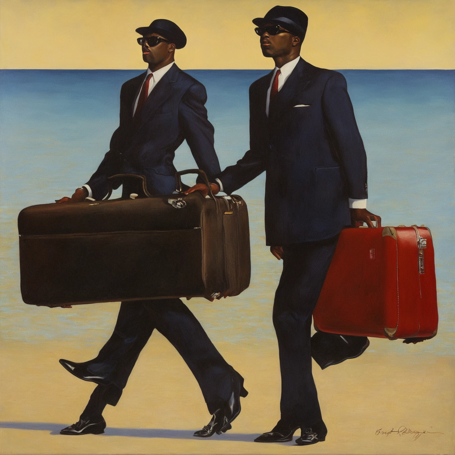 Oil painting of man with suitcase and suitcase on the beach, inspired author:Barkley Hendricks, The album cover, tyler, from Kahinde Wiley, author:Barkley Hendricks, Robert Barague (Robert Ballagh) of inspiration, tyler·米切尔风格, Kahinde Wiley, Inspired by Kadir Nelson, Inspired by Archibald Motley (Archibald Motley), official art works, Kenton Nelson