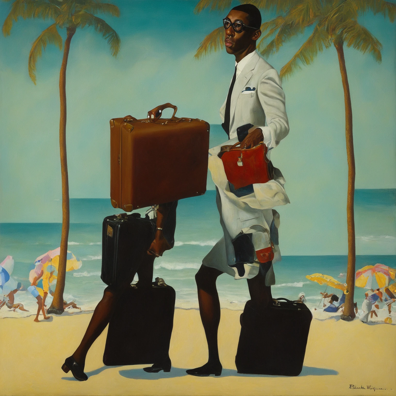 Oil painting of man with suitcase and suitcase on the beach, inspired author：Barkley Hendricks, The album cover, tyler, from Kahinde Wiley, author：Barkley Hendricks, Robert Barague (Robert Ballagh) of inspiration, tyler·米切尔风格, Kahinde Wiley, Inspired by Kadir Nelson, Inspired by Archibald Motley (Archibald Motley), official art works, Kenton Nelson