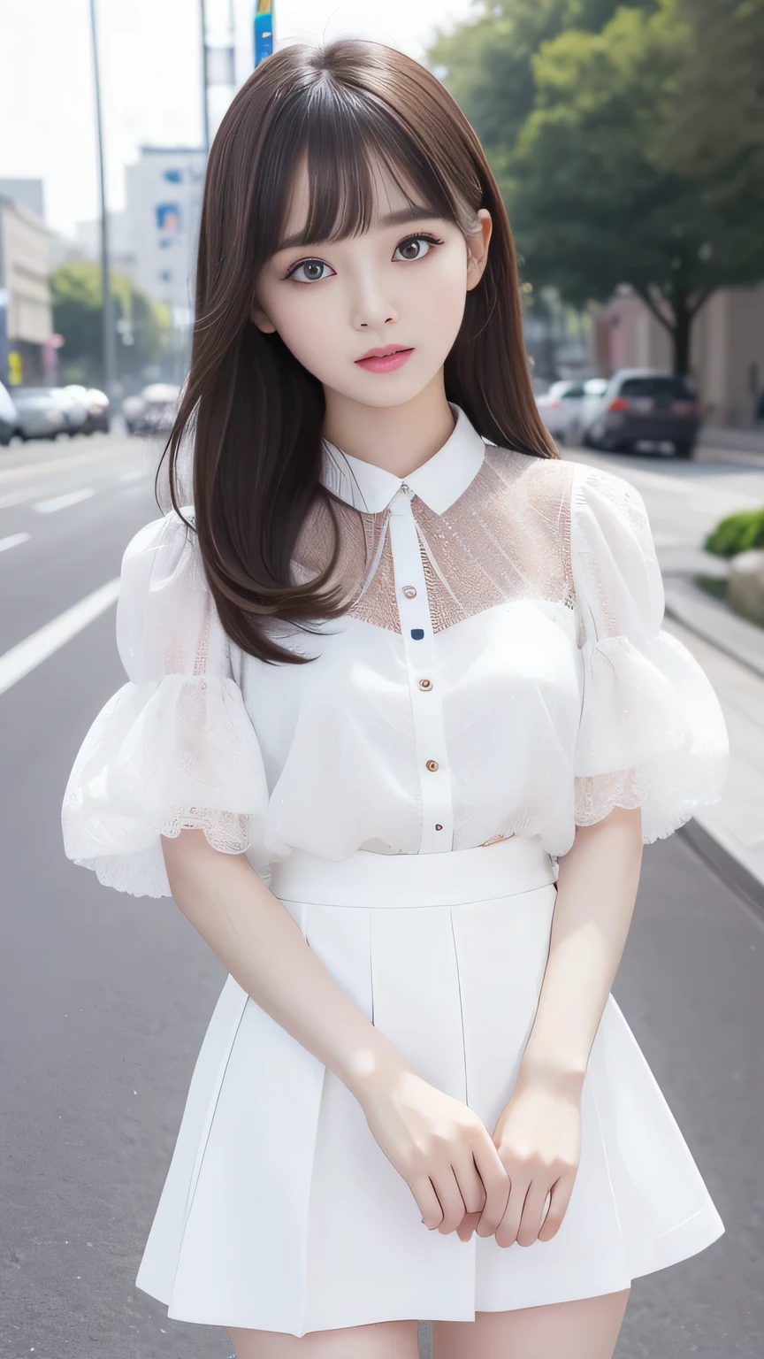 Whitening and translucent white skin、Bangs on the face、Long eyelashes、A strong wind blows my hair in front of my face、Beautiful big sparkling eyes, Cute and beautiful eyes hidden behind long bangs、No visible nasolabial folds、Short micro mini skirt、Multicolored patterned blouse、15 year old Korean beauty、Bright blonde short hair