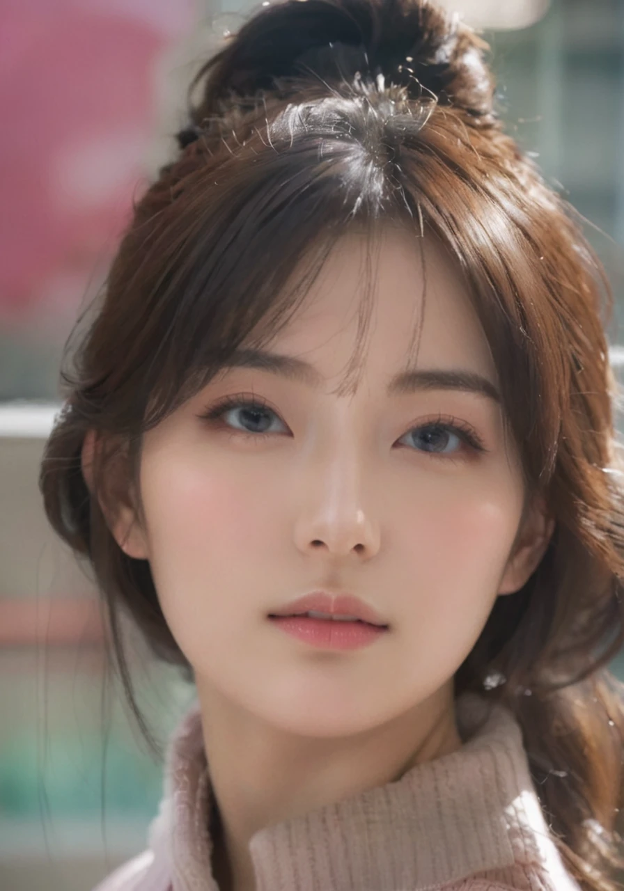 masterpiece, highest quality, 8k, 20th Generation, Large Breasts, cute, alone, sad, cute, Girlish, Delicate girl, Pure beauty, RAW Photos, Professional photography, Portraiture, Soft Light, Professional Lighting, Backlight, Head to Knee, avert your eyes, Sophisticated, Film Grain, (Eyes and facial details:1.0), Short floating hair, Beautiful, flowing hair, bangs, (Loose cardigan(Pink))、(Large Breasts:1.0)、You can see a little cleavage、Micro Mini Skirt、Voluptuous thighs、Dolly Makeup、Odd Eye、The colour of the eyes are opposites