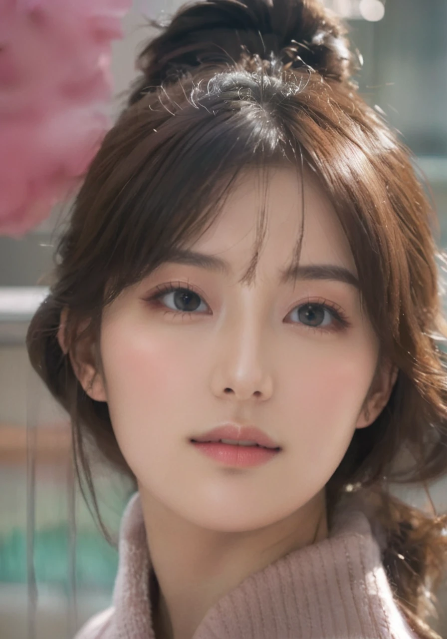 masterpiece, highest quality, 8k, 20th Generation, Large Breasts, cute, alone, sad, cute, Girlish, Delicate girl, Pure beauty, RAW Photos, Professional photography, Portraiture, Soft Light, Professional Lighting, Backlight, Head to Knee, avert your eyes, Sophisticated, Film Grain, (Eyes and facial details:1.0), Short floating hair, Beautiful, flowing hair, bangs, (Loose cardigan(Pink))、(Large Breasts:1.0)、You can see a little cleavage、Micro Mini Skirt、Voluptuous thighs、Dolly Makeup、Odd Eye、The colour of the eyes are opposites