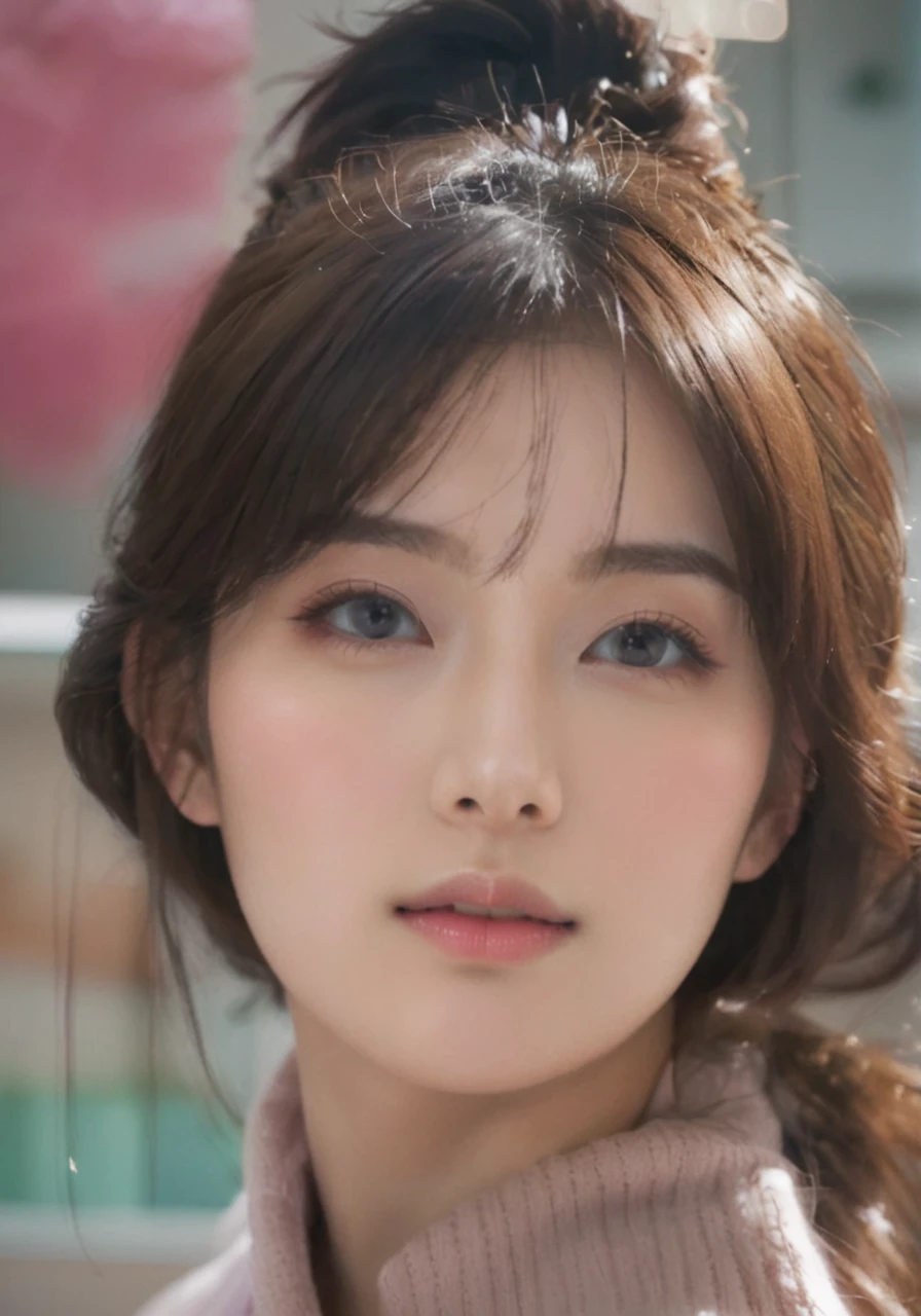 Close-up portrait of a young East Asian woman with long black hair and round gold-rimmed glasses. She is wearing a black suit jacket. Her expression is serious, looking directly at the camera. Pale skin with red lips. Background is blurred, suggesting an indoor setting. Soft, natural lighting. High-resolution, detailed image with sharp focus on the face