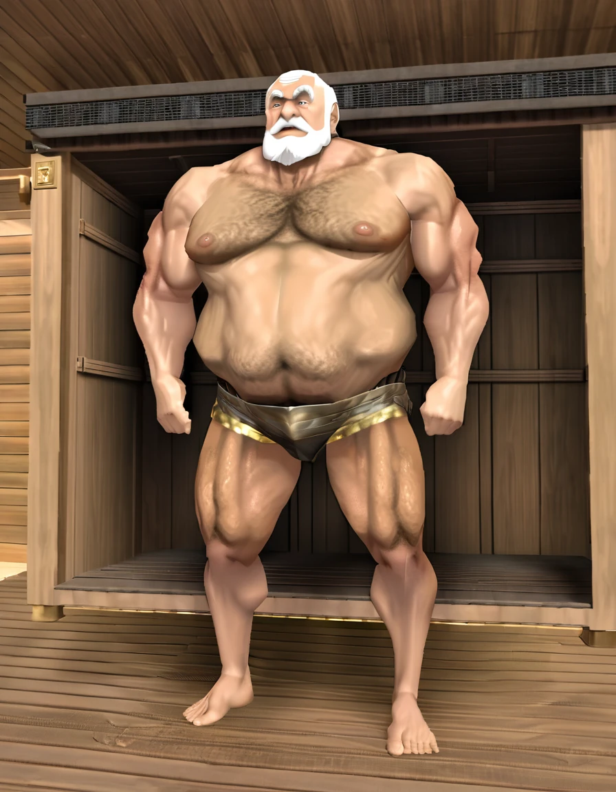 Full body shot of old giant sitting in sauna。Just as big,Too much muscle。The bronzed old man in shorts has a particularly large body。结实有力坚硬如铁块状分明健strong发达充满力量肉特别多黑色的皮肤。全身在变大变strong在桑拿房。Huge breasts,The body swells。裸身Full body shot of old giant sitting in sauna。Just as big,Too much muscle。The bronzed old man in shorts has a particularly large body。结实有力坚硬如铁块状分明健strong发达充满力量肉特别多黑色的皮肤。The whole body is getting bigger and the leg muscles are developing,Huge breasts。The nipples are huge。strong