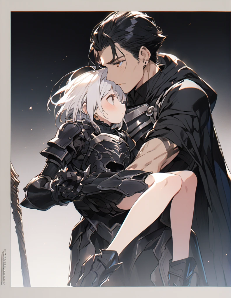 A man in black armor holding a girl with short white hair
