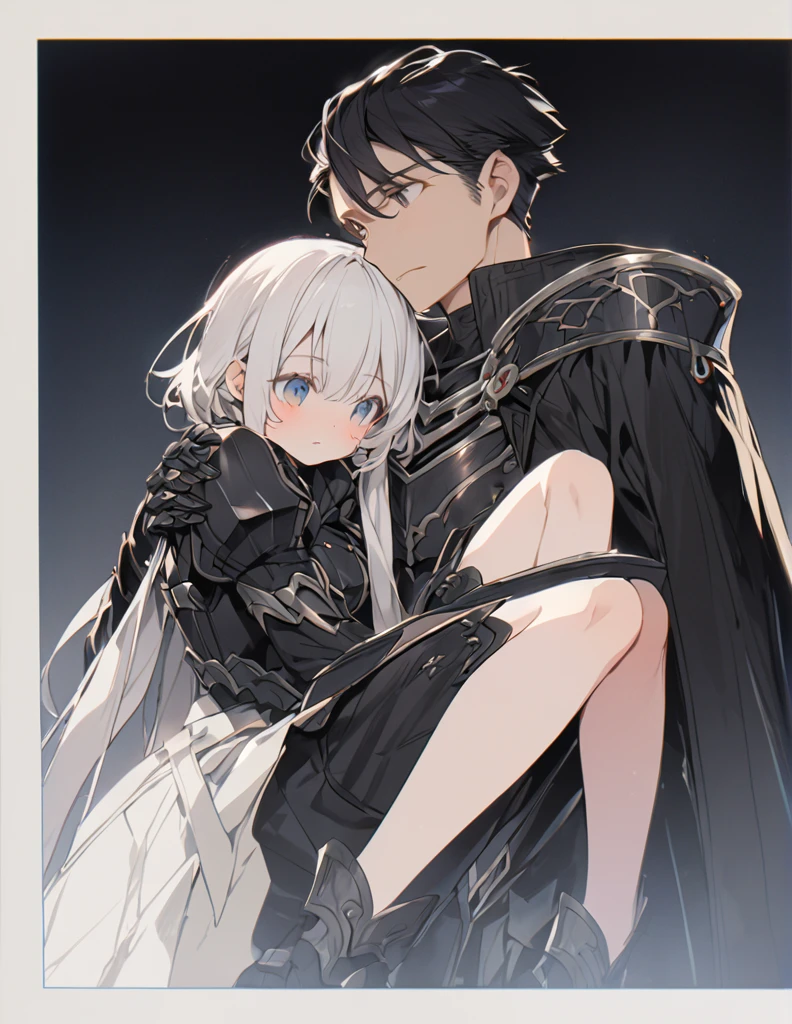 A man in black armor holding a girl with short white hair