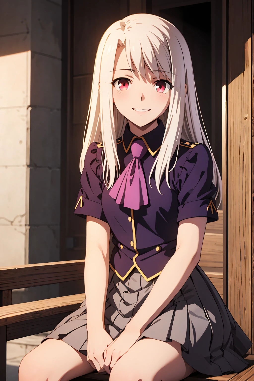 nsfw highest quality, (masterpiece:1.2), Very detailed, destiny/Background of stay, indoor, Illyasviel von Einzbern, etc., One girl, alone, Sitting, Looking at the audience, Mouth closed, smile, Long Hair, Gray Hair, Red eyes, Purple Shirt, Ascot, White skirt, cute white panties　Spread your legs　blush