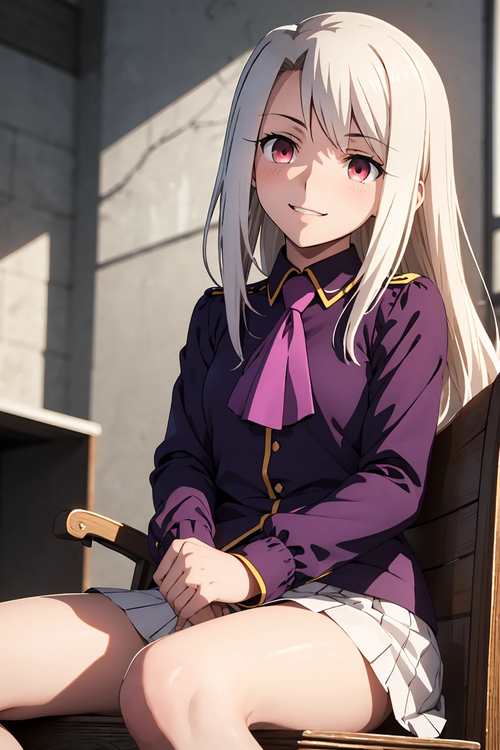 nsfw highest quality, (masterpiece:1.2), Very detailed, destiny/Background of stay, indoor, Illyasviel von Einzbern, etc., One girl, alone, Sitting, Looking at the audience, Mouth closed, smile, Long Hair, Gray Hair, Red eyes, Purple Shirt, Ascot, White skirt, cute white panties　Spread your legs　blush