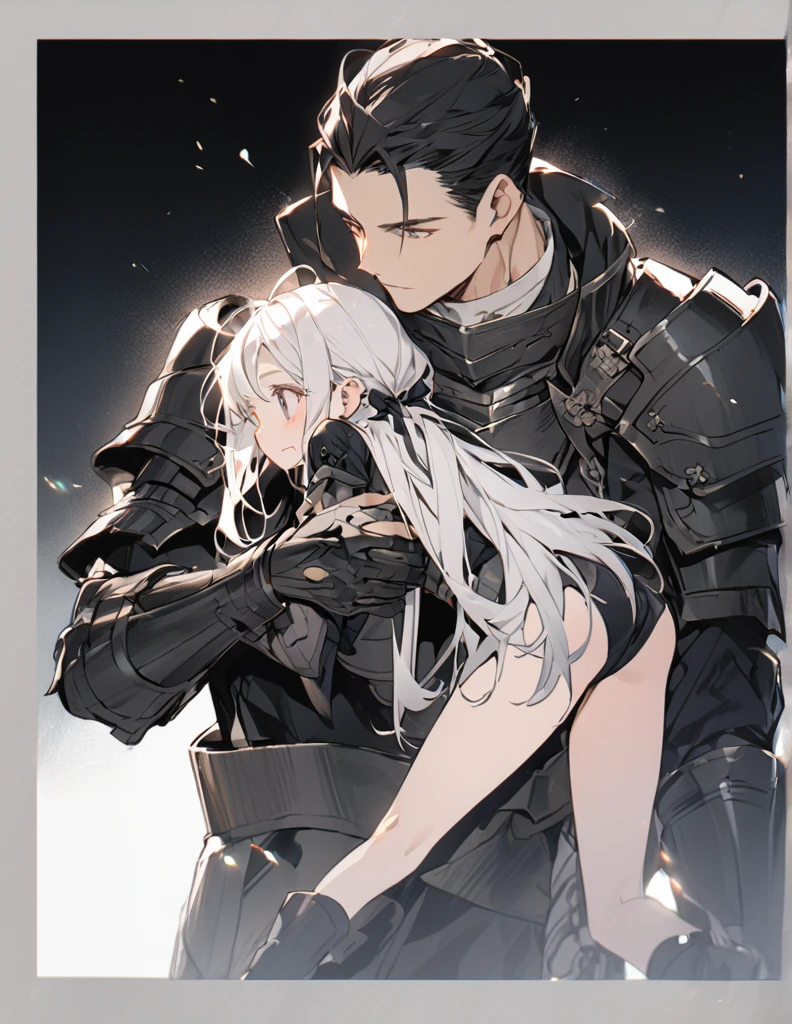 A man in black armor holding a girl with short white hair
