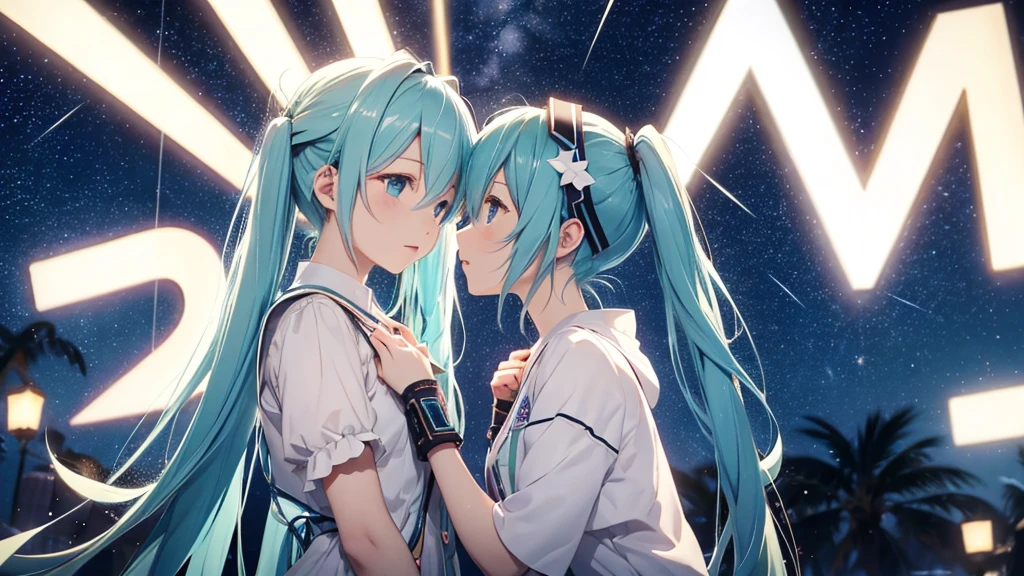 Under the midnight starry sky、Hatsune Miku celebrates old friendships and new beginnings。There's a warm light all around her、With a champagne glass in hand、Looking at the New Year's fireworks with a hopeful look on his face。In the background, a scene of soft colors spreads out, evoking the feeling of time passing slowly.。