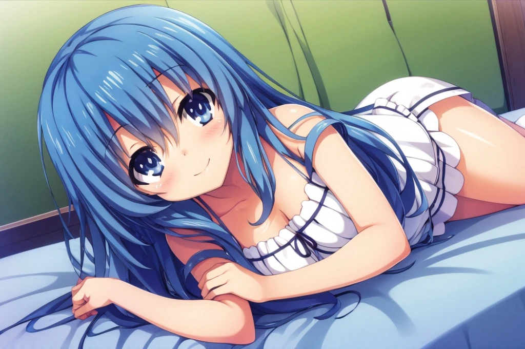 Yoshino Himekawa,Lying down,View your viewers,Blushing,smile,bed,white background