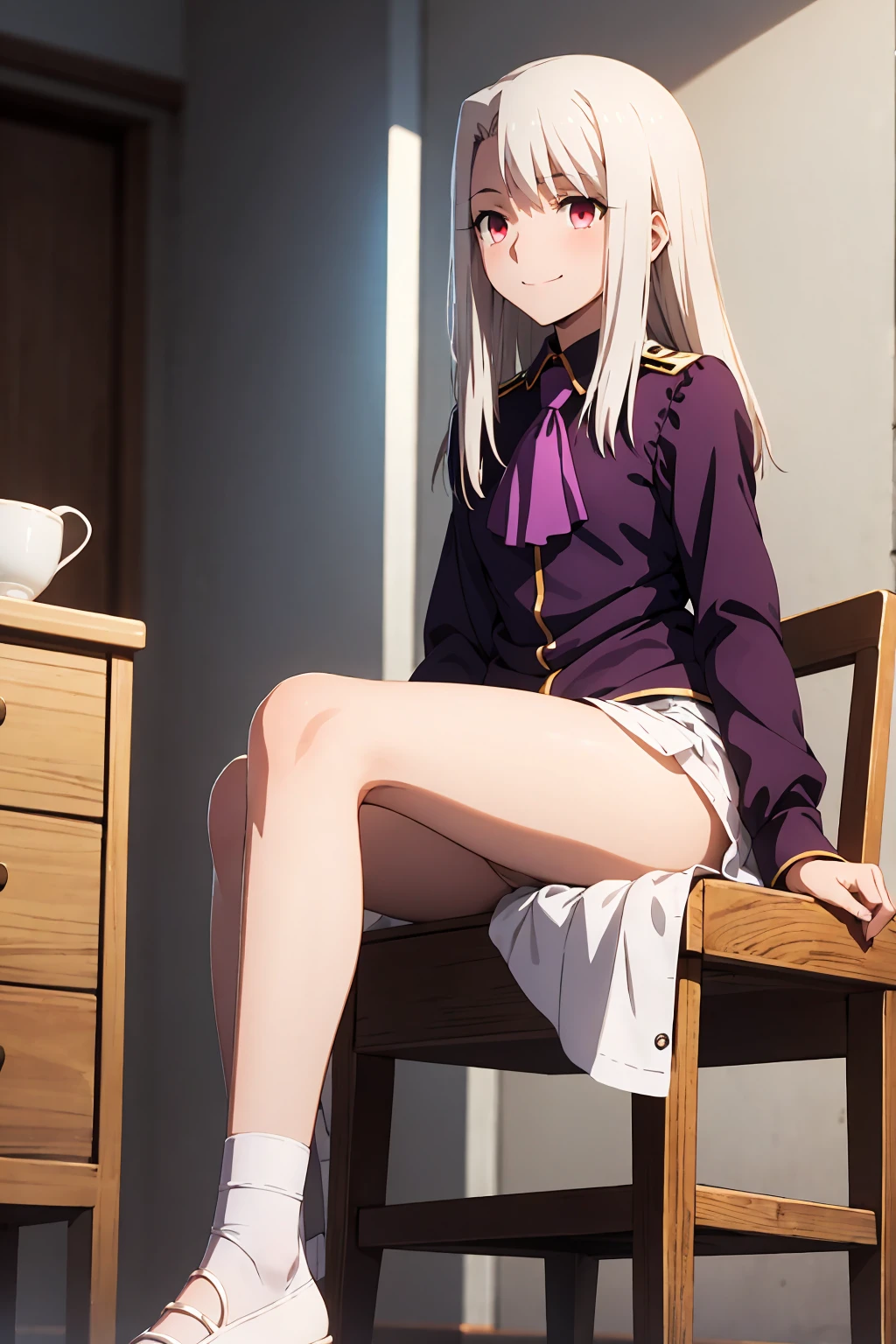 nsfw highest quality, (masterpiece:1.2), Very detailed, destiny/Background of stay, indoor, Illyasviel von Einzbern, etc., One girl, alone, Sitting, Looking at the audience, Mouth closed, smile, Long Hair, Gray Hair, Red eyes, Purple Shirt, Ascot, White skirt, cute white panties　Spread your legs　blush