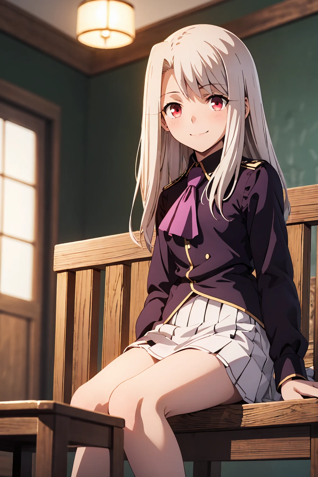 nsfw highest quality, (masterpiece:1.2), Very detailed, destiny/Background of stay, indoor, Illyasviel von Einzbern, etc., One girl, alone, Sitting, Looking at the audience, Mouth closed, smile, Long Hair, Gray Hair, Red eyes, Purple Shirt, Ascot, White skirt, cute white panties Spread your legs blush