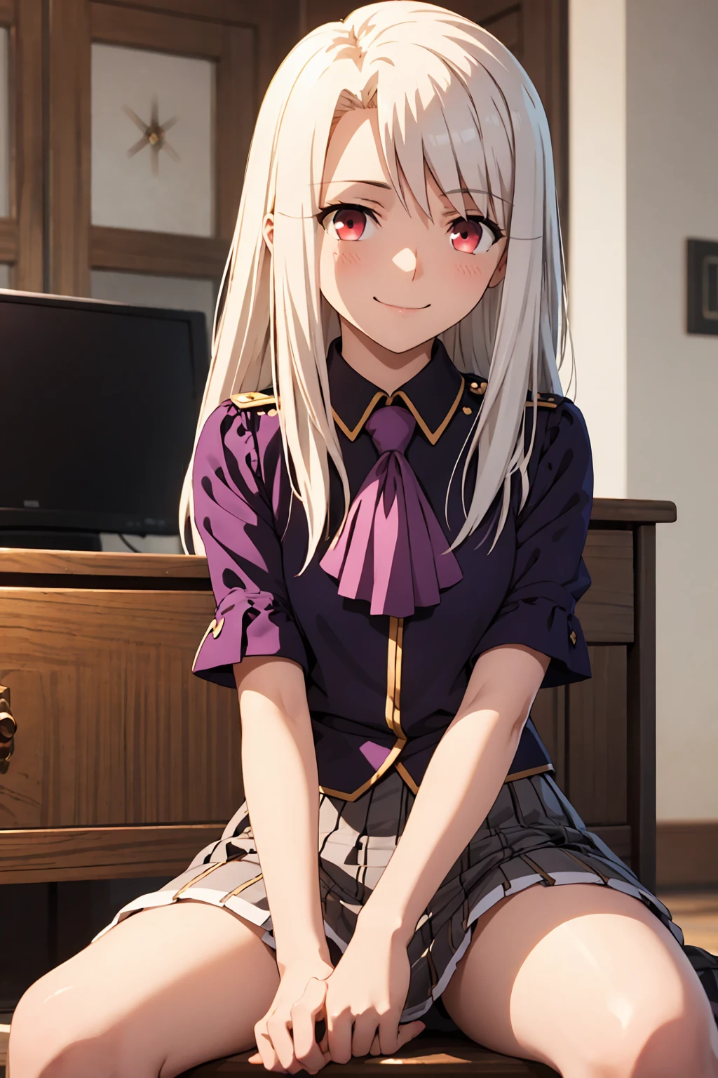 nsfw highest quality, (masterpiece:1.2), Very detailed, destiny/Background of stay, indoor, Illyasviel von Einzbern, etc., One girl, alone, Sitting, Looking at the audience, Mouth closed, smile, Long Hair, Gray Hair, Red eyes, Purple Shirt, Ascot, White skirt, cute white panties　Spread your legs　blush