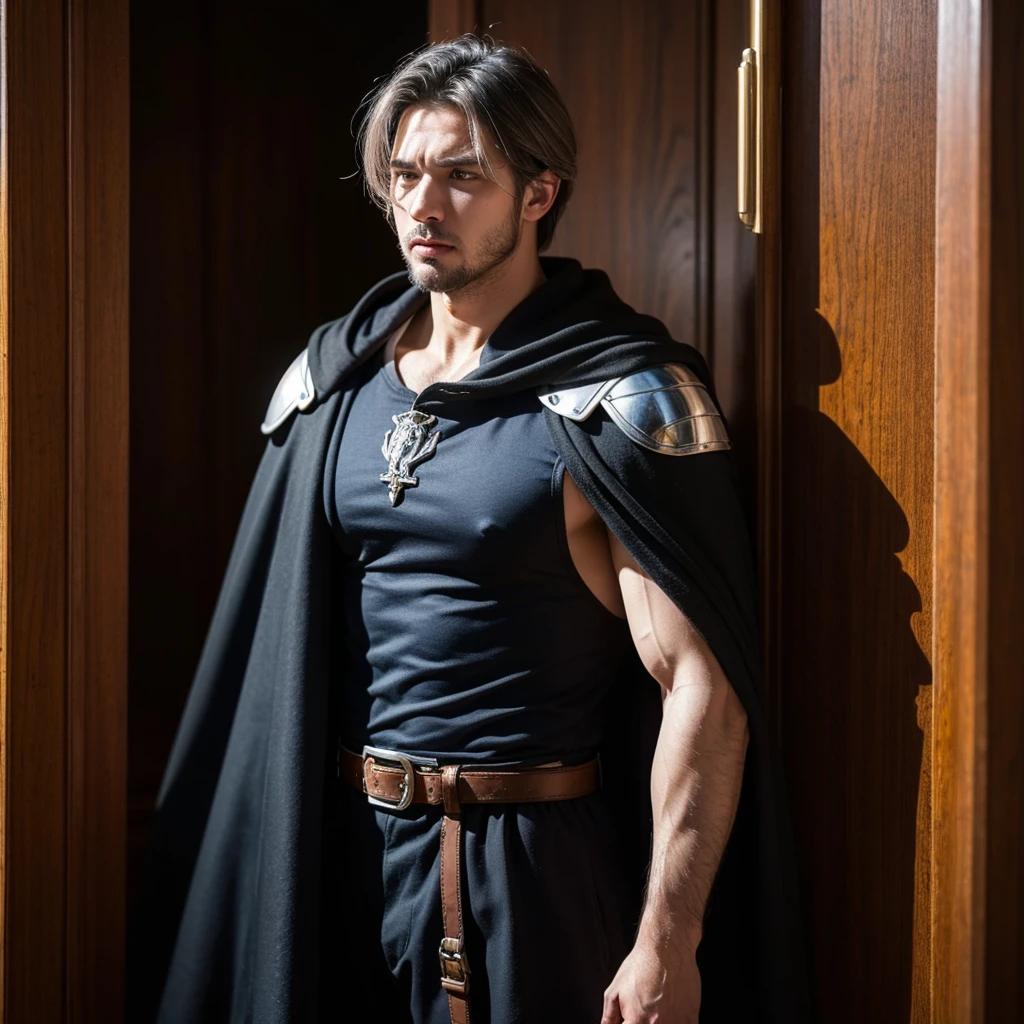 Young man with tall muscles, Wide, Bright eyes, Shaving off gray hair, Wear medieval armor with wolf shoulder pads, Black and blue cape, Getting angry at the tavern door, Practical, Full HD, best quality