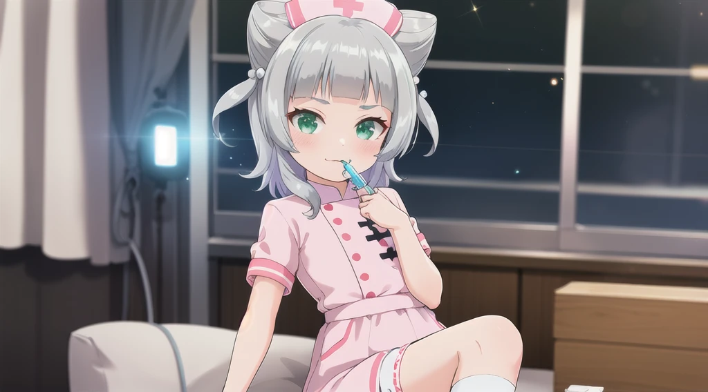 indoor,hospital,One girl, alone, Green Eyes, Grey Hair, hair ornaments, bangs, Virtual YouTuber, Shine, blunt bangs, Double Bang, Animal ears, Lens flare, Flat Chest,Pink nurse uniform,Large syringe, blush, (View your viewers), smile,