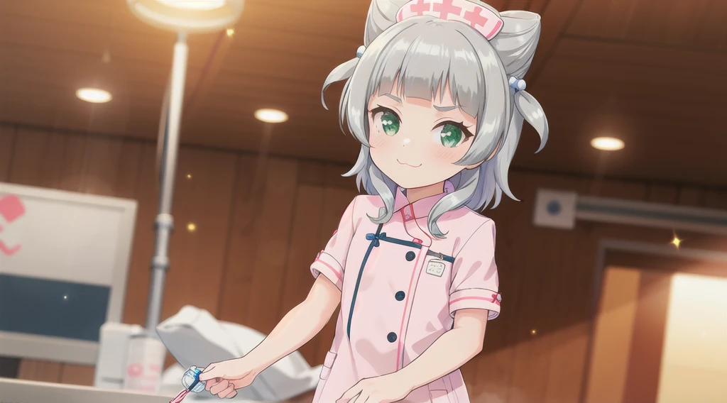 indoor,hospital,One girl, alone, Green Eyes, Grey Hair, hair ornaments, bangs, Virtual YouTuber, Shine, blunt bangs, Double Bang, Animal ears, Lens flare, Flat Chest,Pink nurse uniform,Large syringe, blush, (View your viewers), smile,
