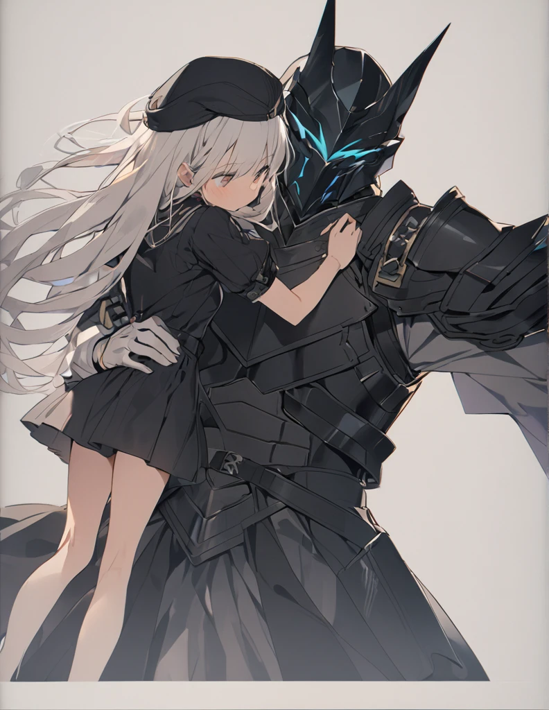 A man in black armor holding a girl with short white hair
