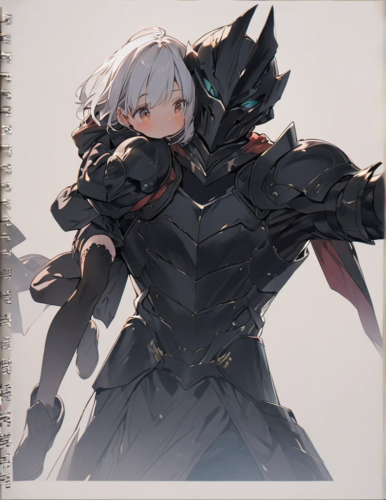 A man in black armor holding a girl with short white hair