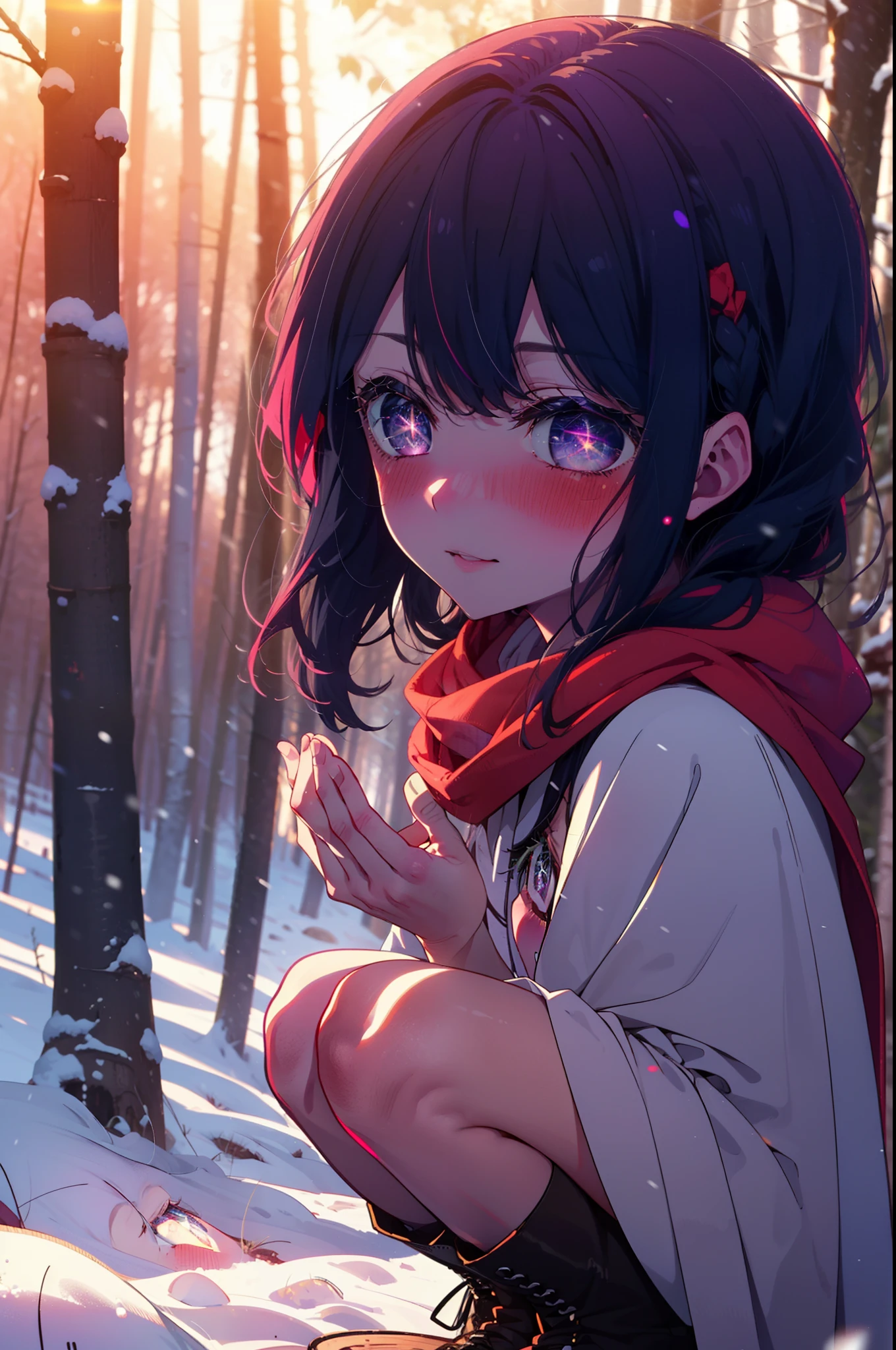 aihoshino, Ai Hoshino, Long Hair, bangs, (Purple eyes:1.1), Purple Hair, (Symbol-shaped pupil:1.5), smile,,smile,blush,White Breath,
Open your mouth,snow,Ground bonfire, Outdoor, boots, snowing, From the side, wood, suitcase, Cape, Blurred, , forest, White handbag, nature, Squat, Mouth closed, Cape, winter, Written boundary depth, Black shoes, red Cape break looking at viewer, Upper Body, whole body, break Outdoor, forest, nature, break (masterpiece:1.2), Highest quality, High resolution, unity 8k wallpaper, (shape:0.8), (Beautiful and beautiful eyes:1.6), Highly detailed face, Perfect lighting, Highly detailed CG, (Perfect hands, Perfect ???????),