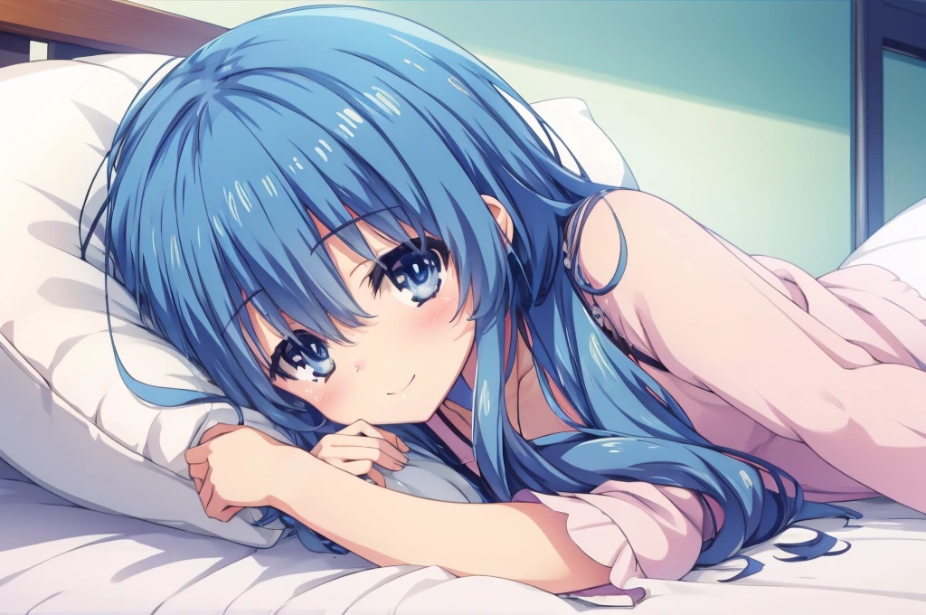 Yoshino Himekawa,Lying down,View your viewers,Blushing,smile,bed,white background