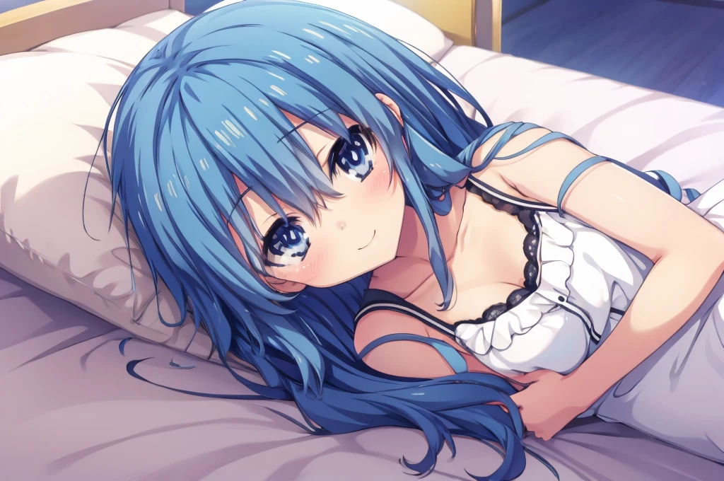 Yoshino Himekawa,Lying down,View your viewers,Blushing,smile,bed,white background