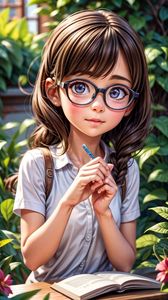 a girl playing with animals wearing glasses, detailed facial features, detailed eyes, detailed nose, detailed lips, intricate details, adorable expression, incredibly cute, playful, vibrant colors, lush garden background, natural lighting, photorealistic, masterpiece, (best quality,8k,highres,masterpiece:1.2),ultra-detailed,(realistic,photorealistic,photo-realistic:1.37),lush vegetation,warm tones,soft focus,charming,whimsical