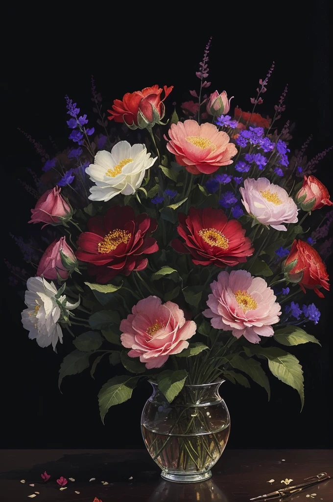 a close up of a bunch of flowers with a dark background, a digital painting by Marie Bashkirtseff, trending on cgsociety, digital art, 🌺 cgsociety, beautiful!!! digital art, gorgeous digital art, beautiful detail and color, beautiful color art!, great pinterest photo, very beautiful digital art, rich flower colors, beautiful digital art, magical colorful flowers