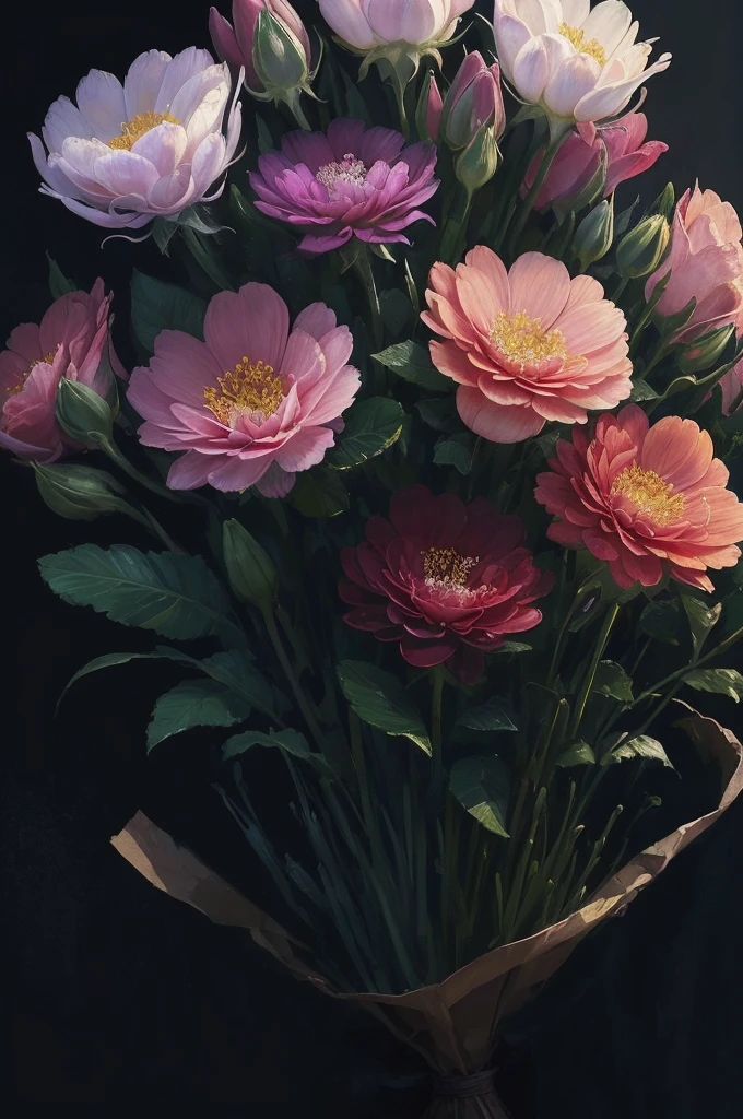 a close up of a bunch of flowers with a dark background, a digital painting by Marie Bashkirtseff, trending on cgsociety, digital art, 🌺 cgsociety, beautiful!!! digital art, gorgeous digital art, beautiful detail and color, beautiful color art!, great pinterest photo, very beautiful digital art, rich flower colors, beautiful digital art, magical colorful flowers