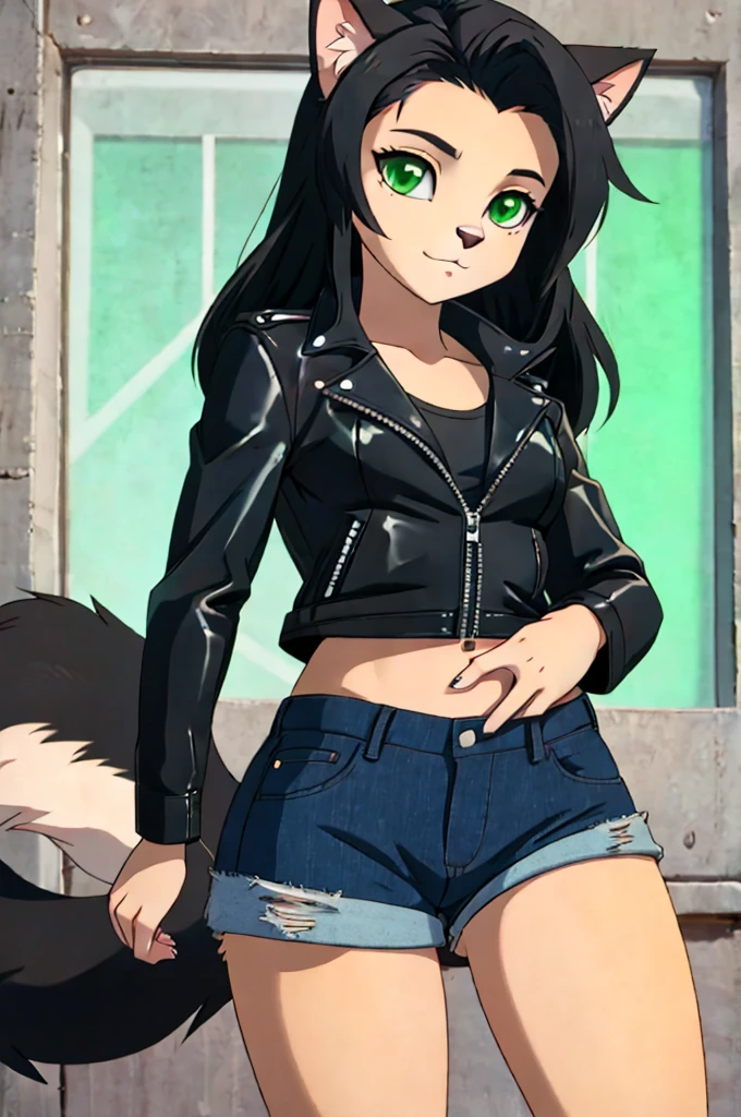 young kitten with green eyes, long black hair. black fur and skin, with white internal parts, in a sexy pose, wearing tight short jean shorts, and a black leather jacket, with a fluffy tail