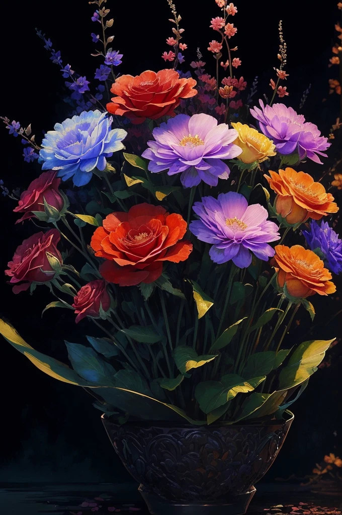 a close up of a bunch of flowers with a dark background, 🌺 cgsociety, beautiful!!! digital art, gorgeous digital art, beautiful detail and color, beautiful color art!, great pinterest photo, rich flower colors, very beautiful digital art, by Marie Bashkirtseff, beautiful digital art, magical colorful flowers, wow it is beautiful, by Android Jones